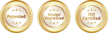 Three gold seals: "Patented," "Design Registered," and "ISO Certified," each with stars surrounding the text. - Hoya Ondol Aust